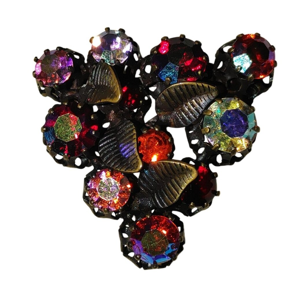 Rhinestone Glass Brooch Vintage Aurora Borealis Brass Toned Leaf Details Accents